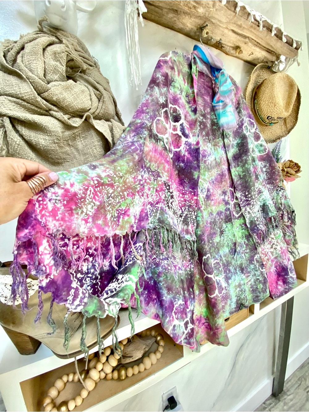 FRINGE TIE DYE Artisan boho Gypsy cocoon kimono cover up southwestern hippy vibe